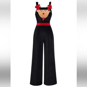 Born Famous Chic Black and Red Velvet Jumpsuit with Reindeer Design Christmas